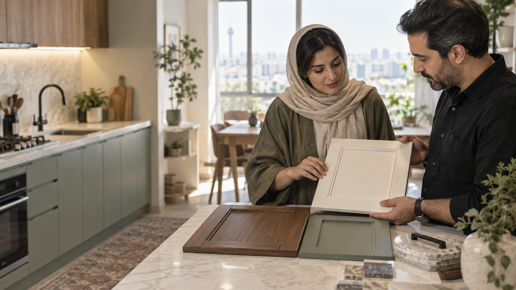 مشاوره انتخاب درب کابینت جدید با نمونه های چوبی، کرم و سبز در آشپزخانه تهران
