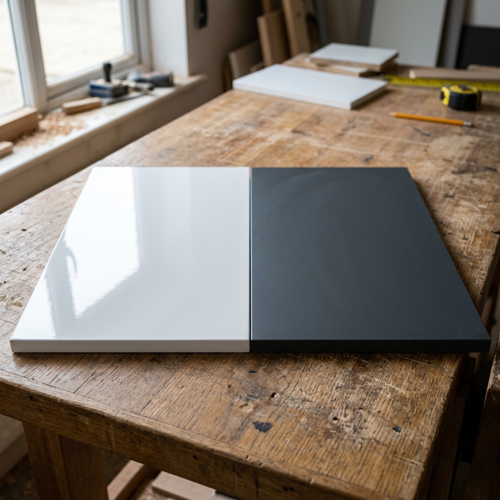 دو نمونه درب کابینت، یکی هایگلاس براق و یکی MDF مات روی میز کارگاه